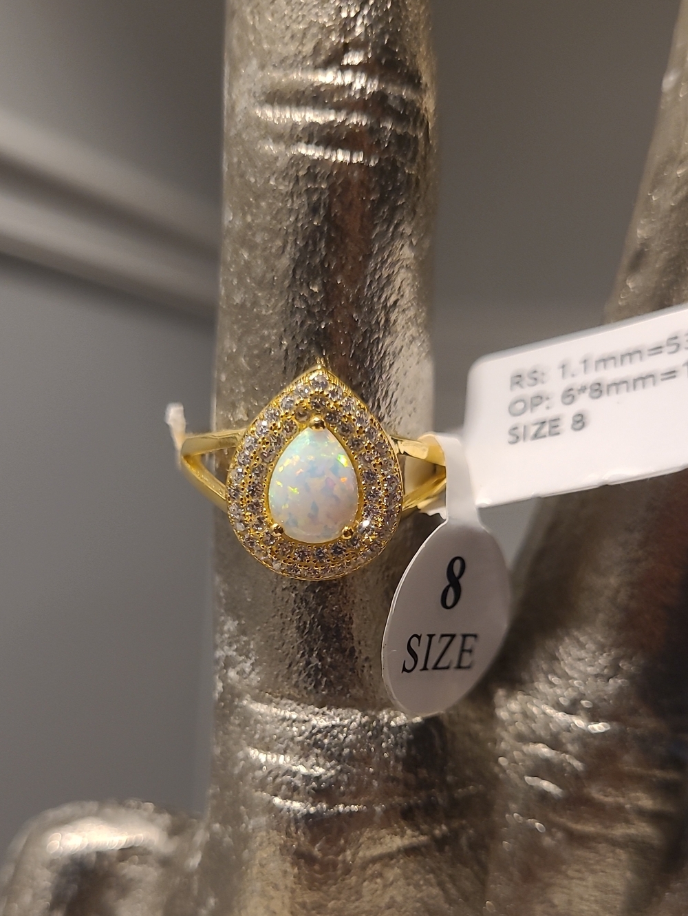 Gold Teardrop Opal Halo Ring - Size 8